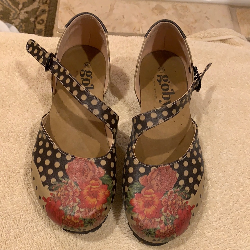 Mary Jane type shoes.
